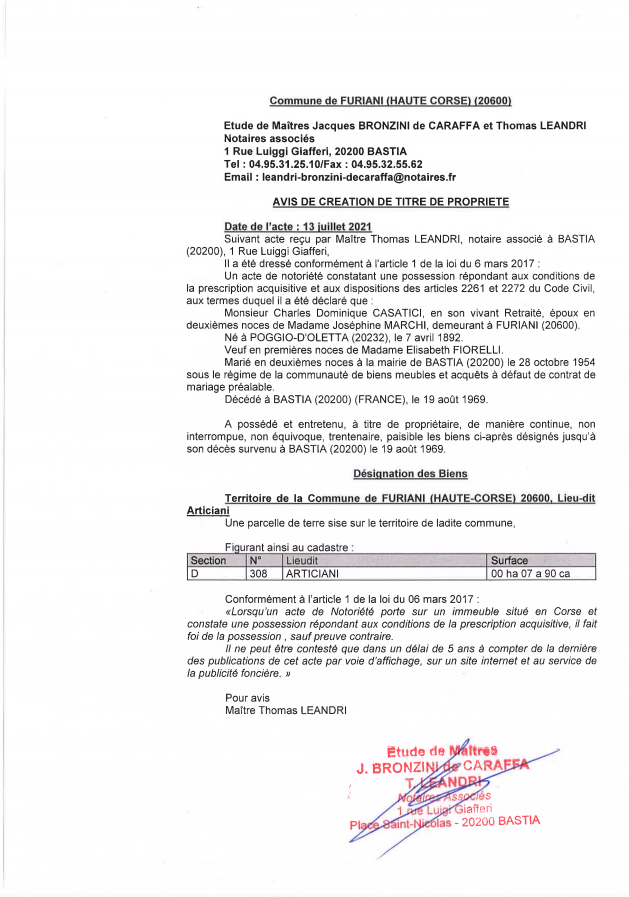 Avis de création de titre de propriété - Commune de Furiani (Haute-Corse) Avis de création de titre de propriété - Commune de Furiani (Haute-Corse)