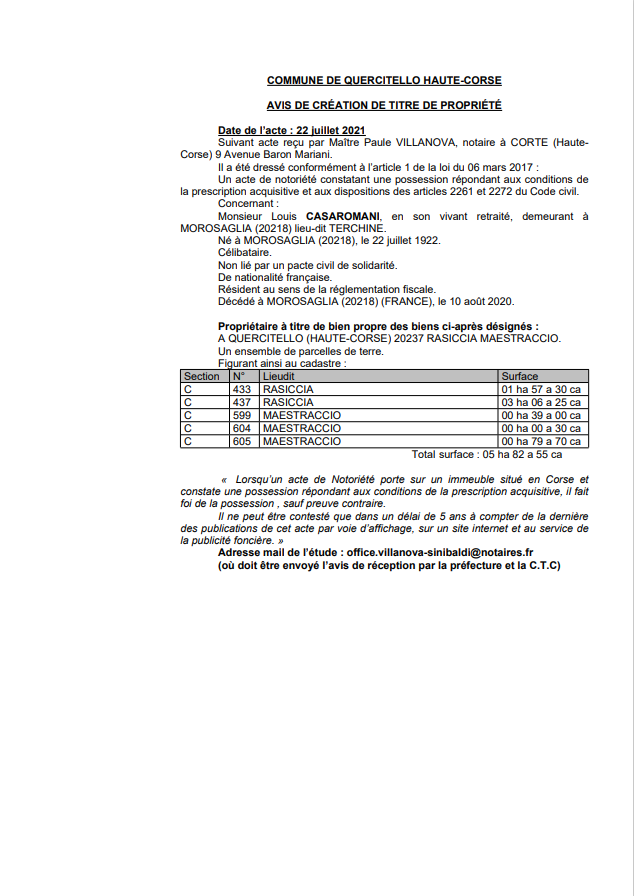  Avis de création de titre de propriété - Commune de Quercitello (Haute-Corse)
