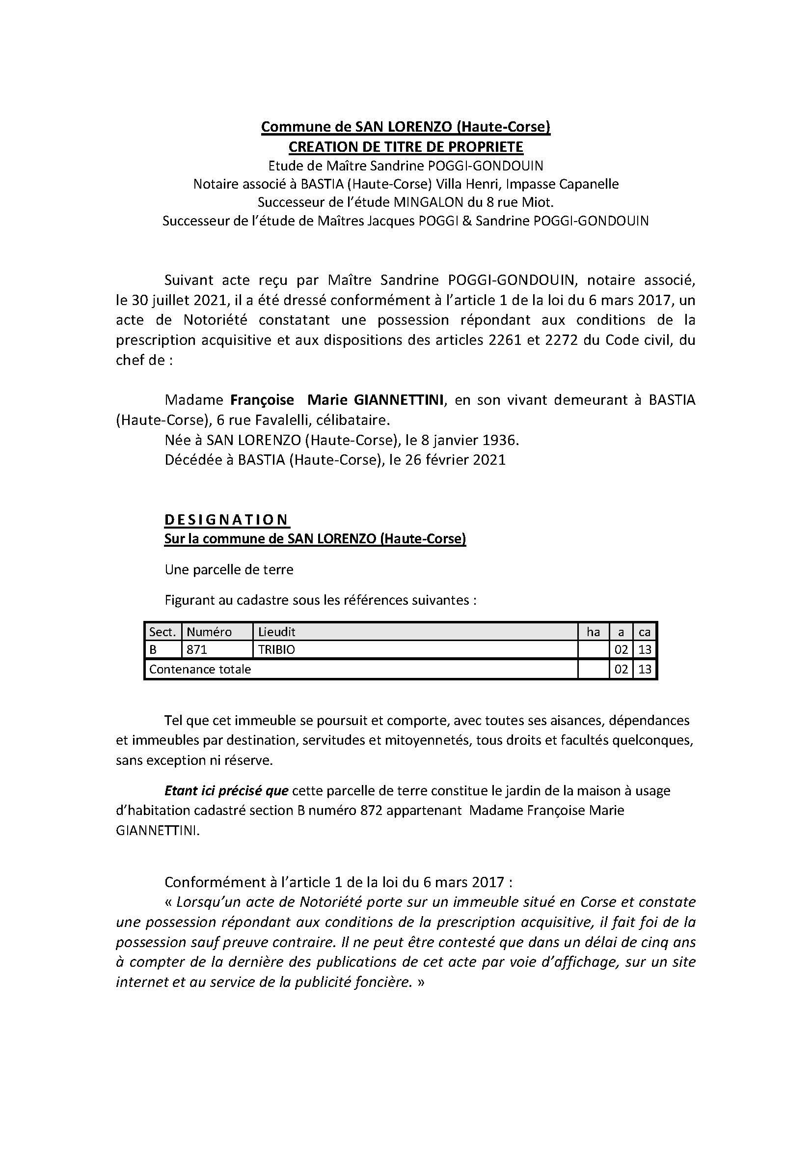 Avis de création de titre de propriété - Commune de San Lorenzo (Haute-Corse)