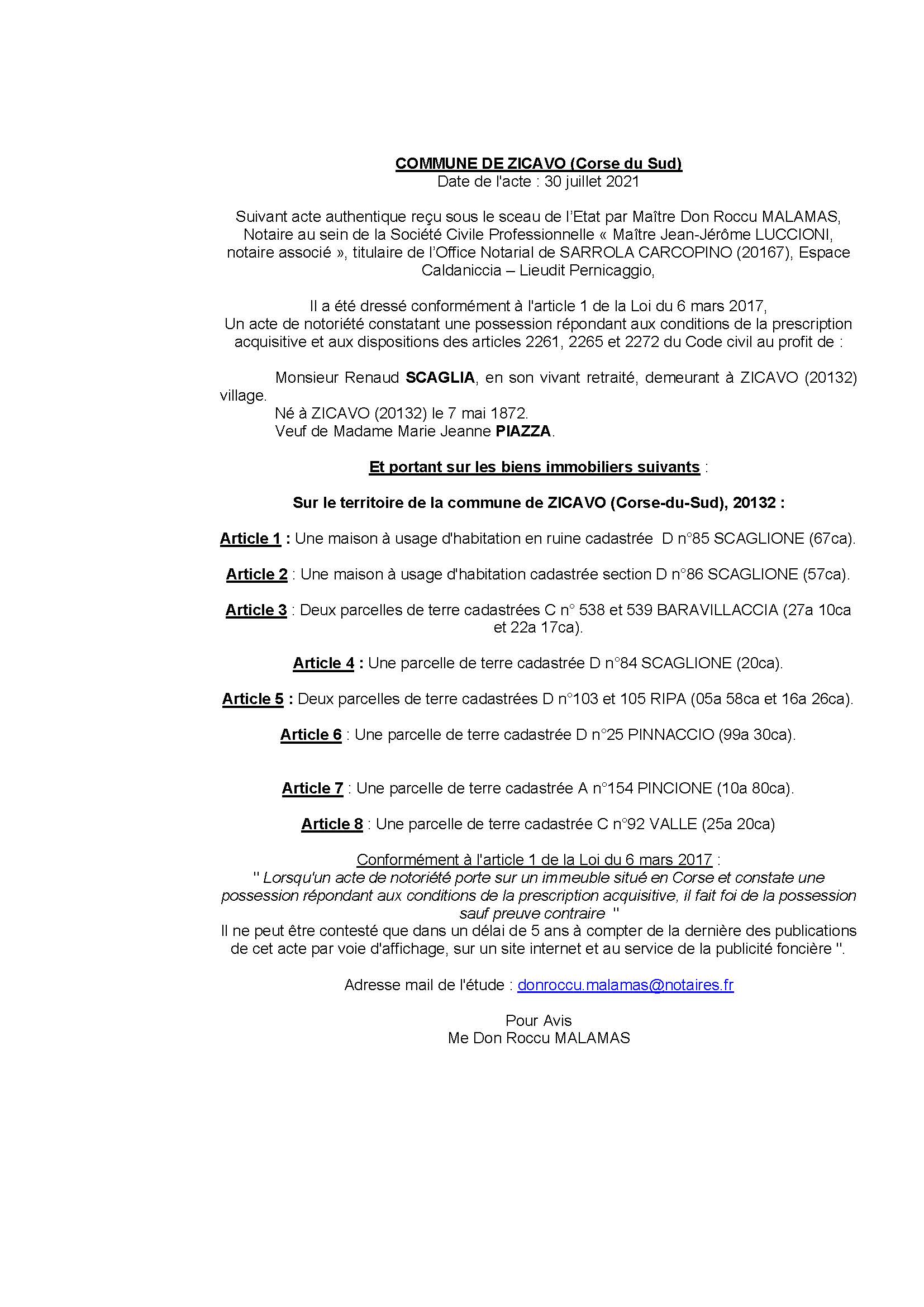 Avis de création de titre de propriété - Commune de Zicavo (Corse-du-Sud)