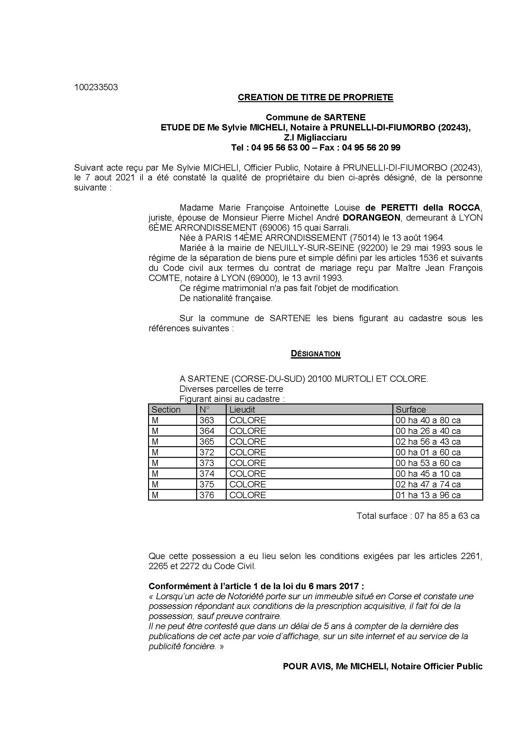Avis de création de titre de propriété - Commune de Sartène (Corse-du-Sud)