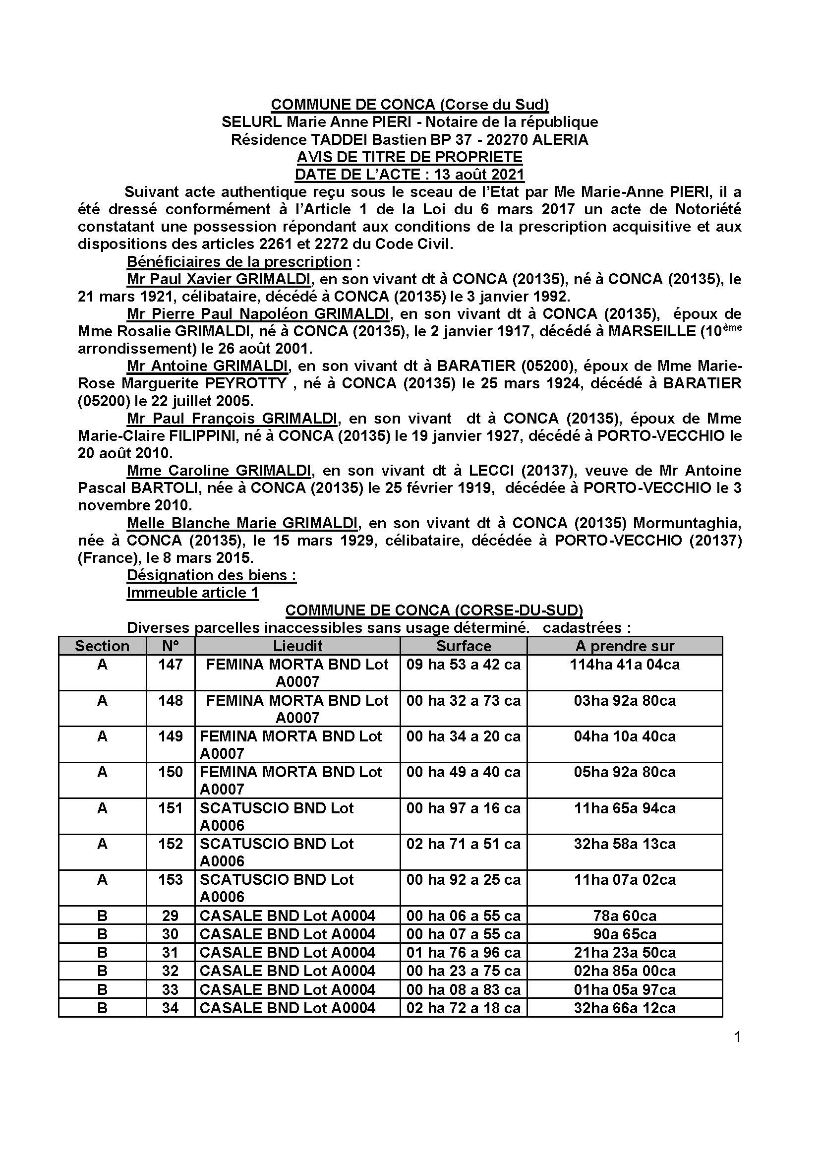 Avis de création de titre de propriété - Commune de Conca (Corse-du-Sud) Avis de création de titre de propriété - Commune de Conca (Corse-du-Sud)