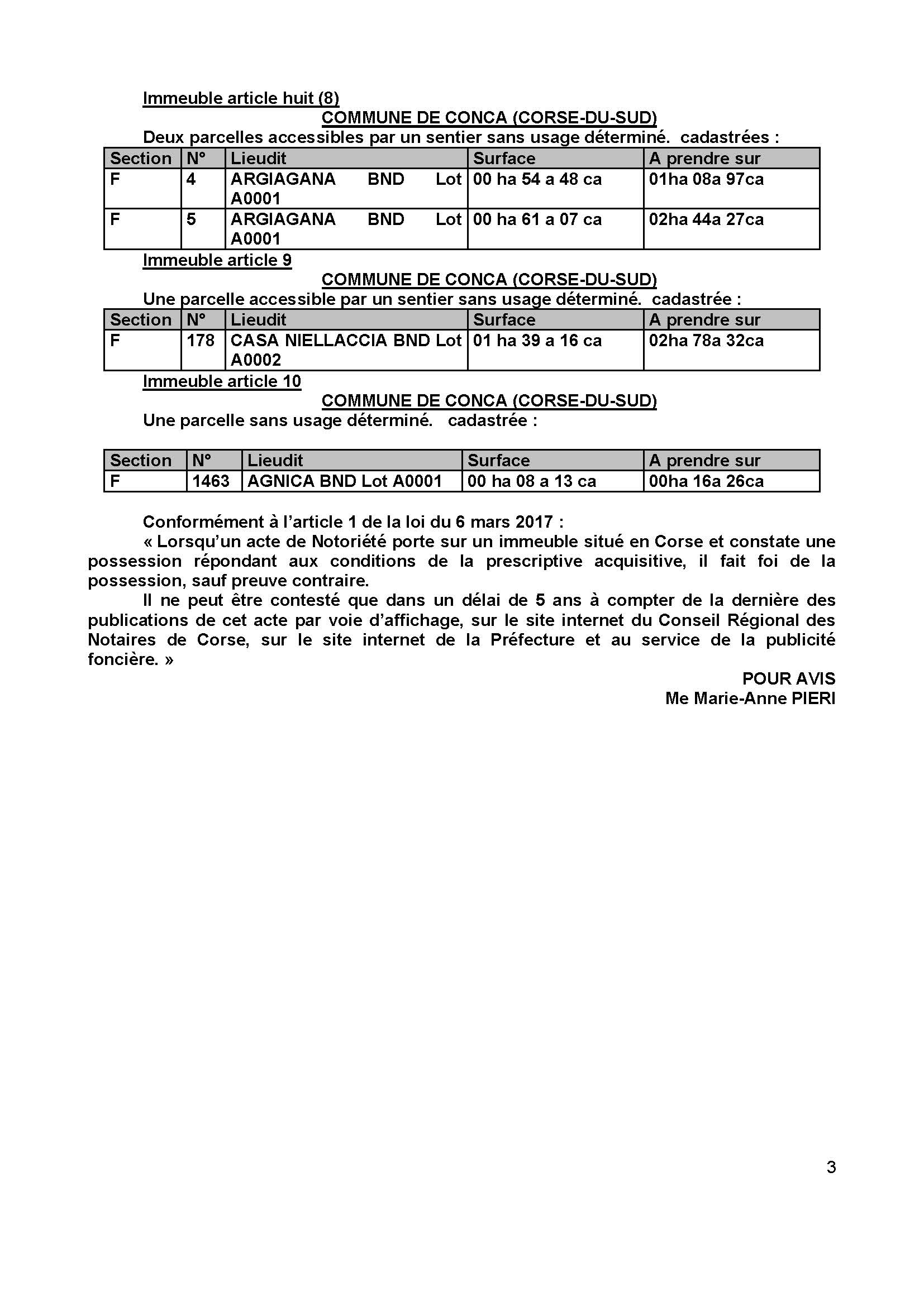 Avis de création de titre de propriété - Commune de Conca (Corse-du-Sud)