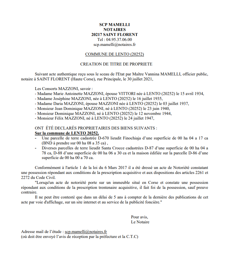 Avis de création de titre de propriété - Commune de Lento (Haute-Corse)