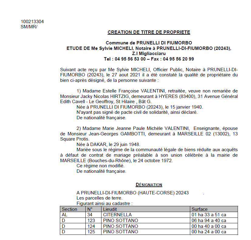 Avis de création de titre de propriété - Commune de Prunelli di Fiumorbu (Haute-Corse)