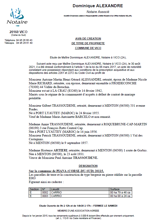Avis de création de titre de propriété - Commune de Vico (Corse du Sud)