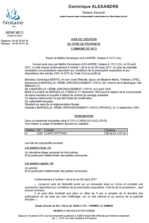 Avis de création de titre de propriété - Commune de Vico (Corse du Sud)