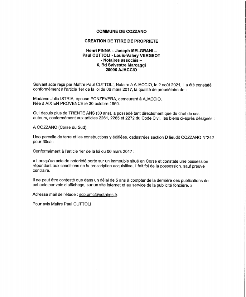 Avis de création de titre de propriété - Commune de Cozzano (Corse-du-Sud)