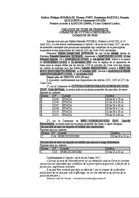 Avis de création de titre de propriété - Commune de Cuttoli-Corticchiato (Corse-du-Sud)