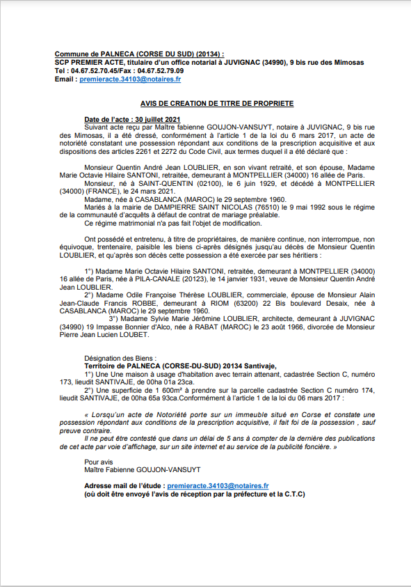 Avis de création de titre de propriété - Commune de Palneca (Corse-du-Sud)