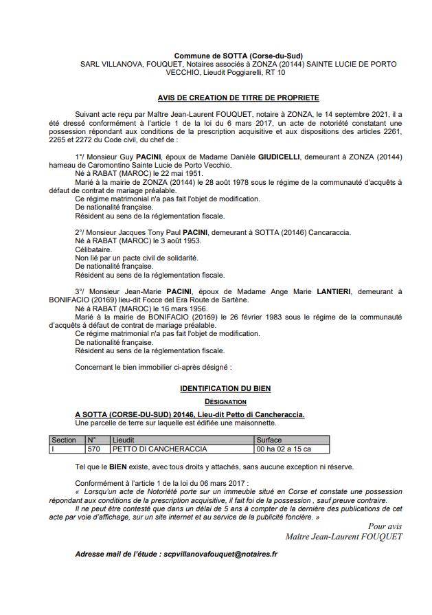 Avis de création de titre de propriété - Commune de Sotta (Corse-du-Sud)