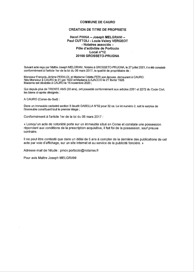 Avis de création de titre de propriété - Commune de Cauro (Corse-du-Sud)