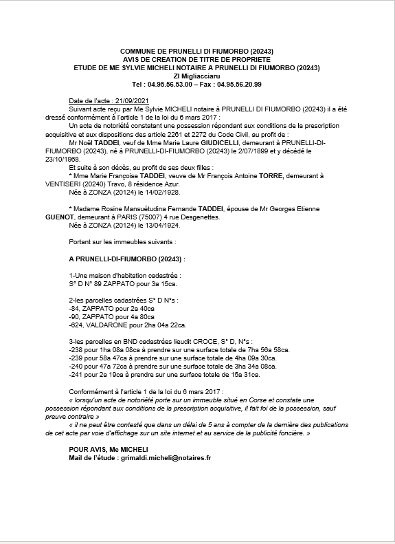  Avis de création de titre de propriété - Commune de Prunelli-di-Fiumorbo (Haute-Corse)