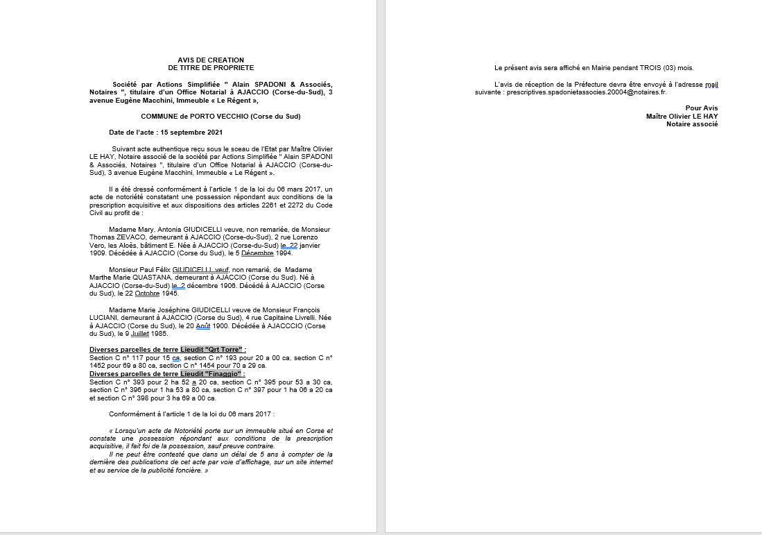 Avis de création de titre de propriété - Commune de Porto-Vecchio (Corse-du-Sud)