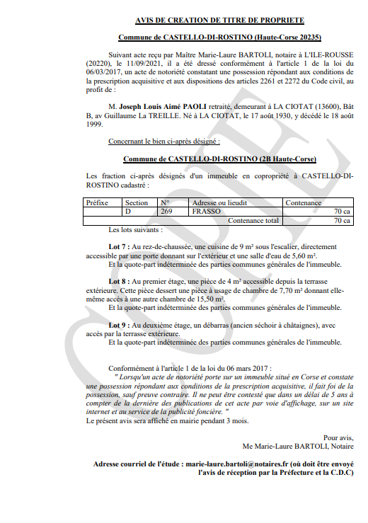 Avis de création de titre de propriété - Commune de Castello-di-Rostino (Haute-Corse)