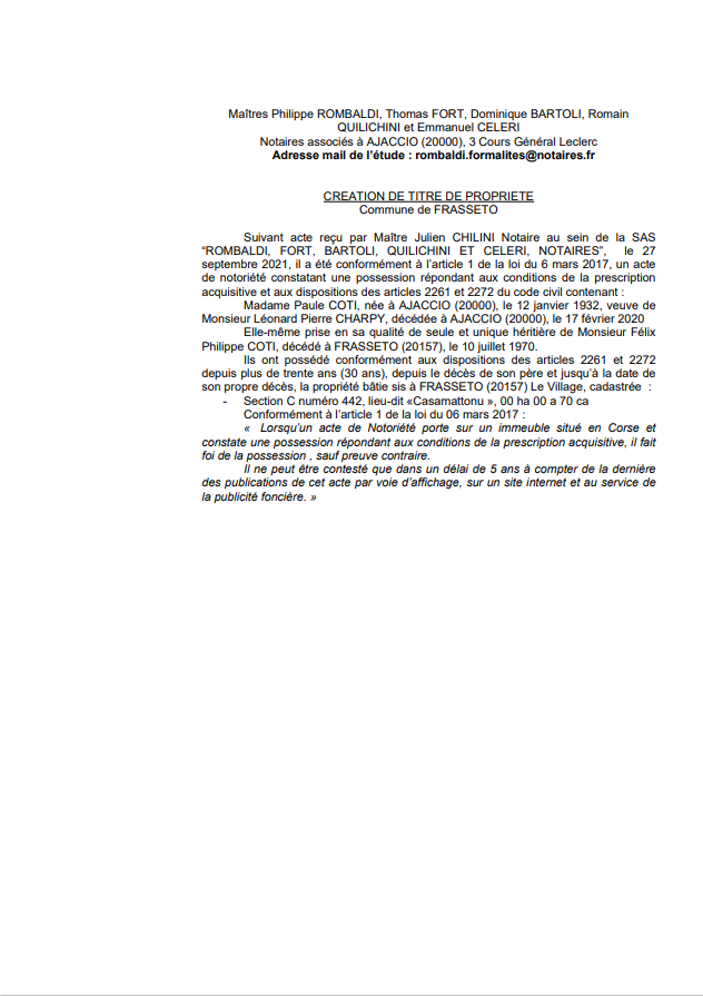 Avis de création de titre de propriété - Commune de Frasseto (Corse-du-Sud) Avis de création de titre de propriété - Commune de Frasseto (Corse-du-Sud)