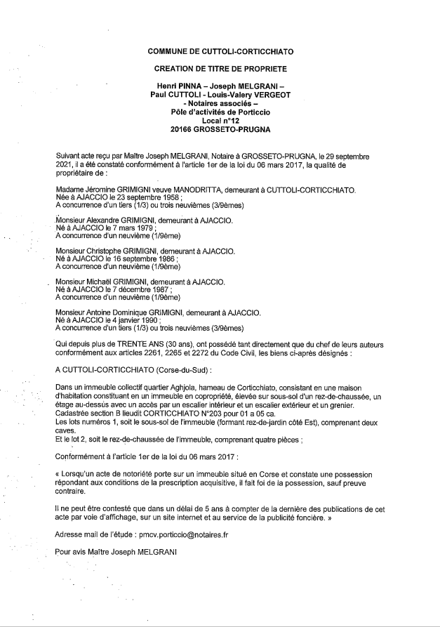 Avis de création de titre de propriété - Commune de Cuttoli-Corticchiato (Corse-du-Sud)