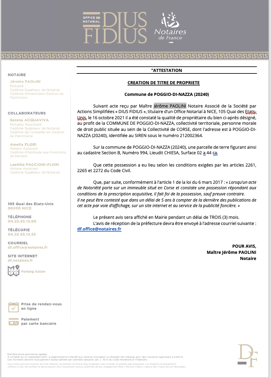Avis de création de titre de propriété -Commune de Poggio-di-Nazza (Haute-Corse)
