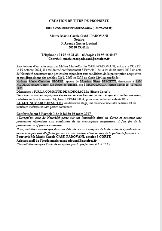  Avis de création de titre de propriété - Commune de Morosaglia (Haute-Corse)