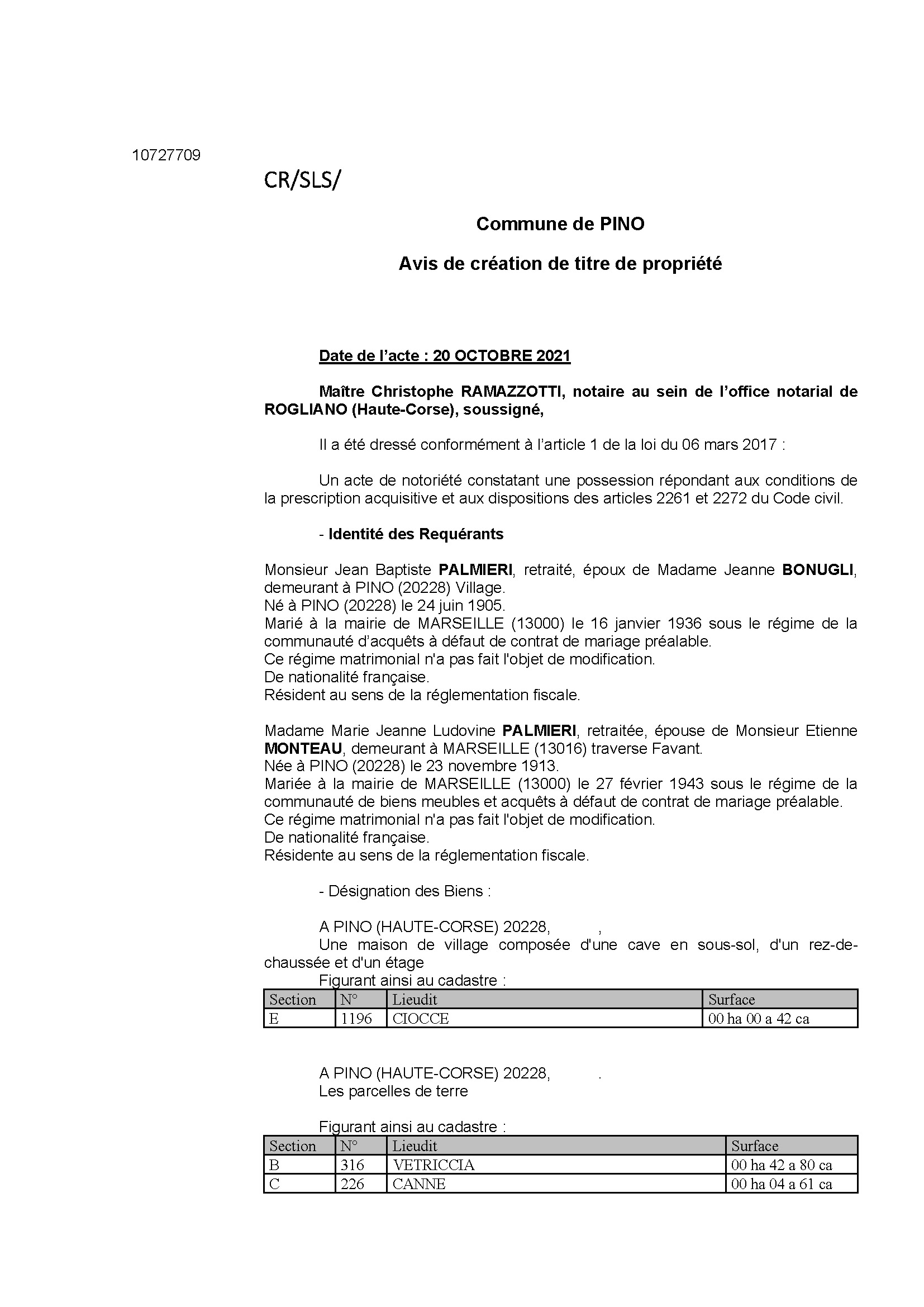 Avis de création de titre de propriété - Commune de Pino (Haute-Corse)