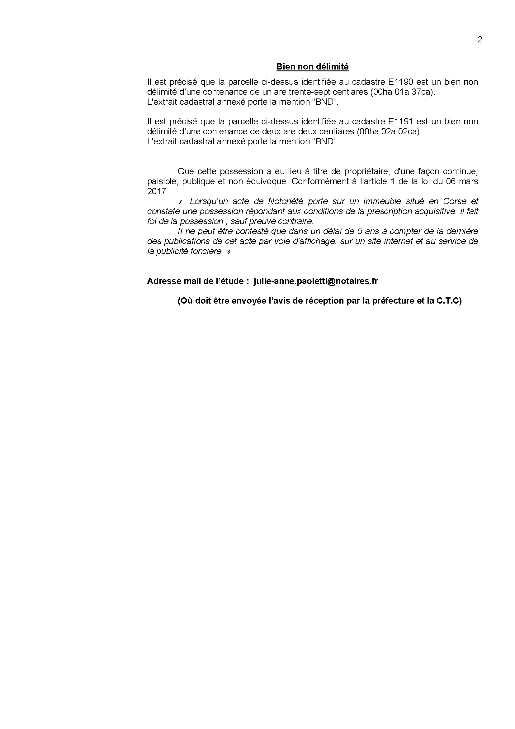 Avis de création de titre de propriété - Commune de Pino (Haute-Corse)