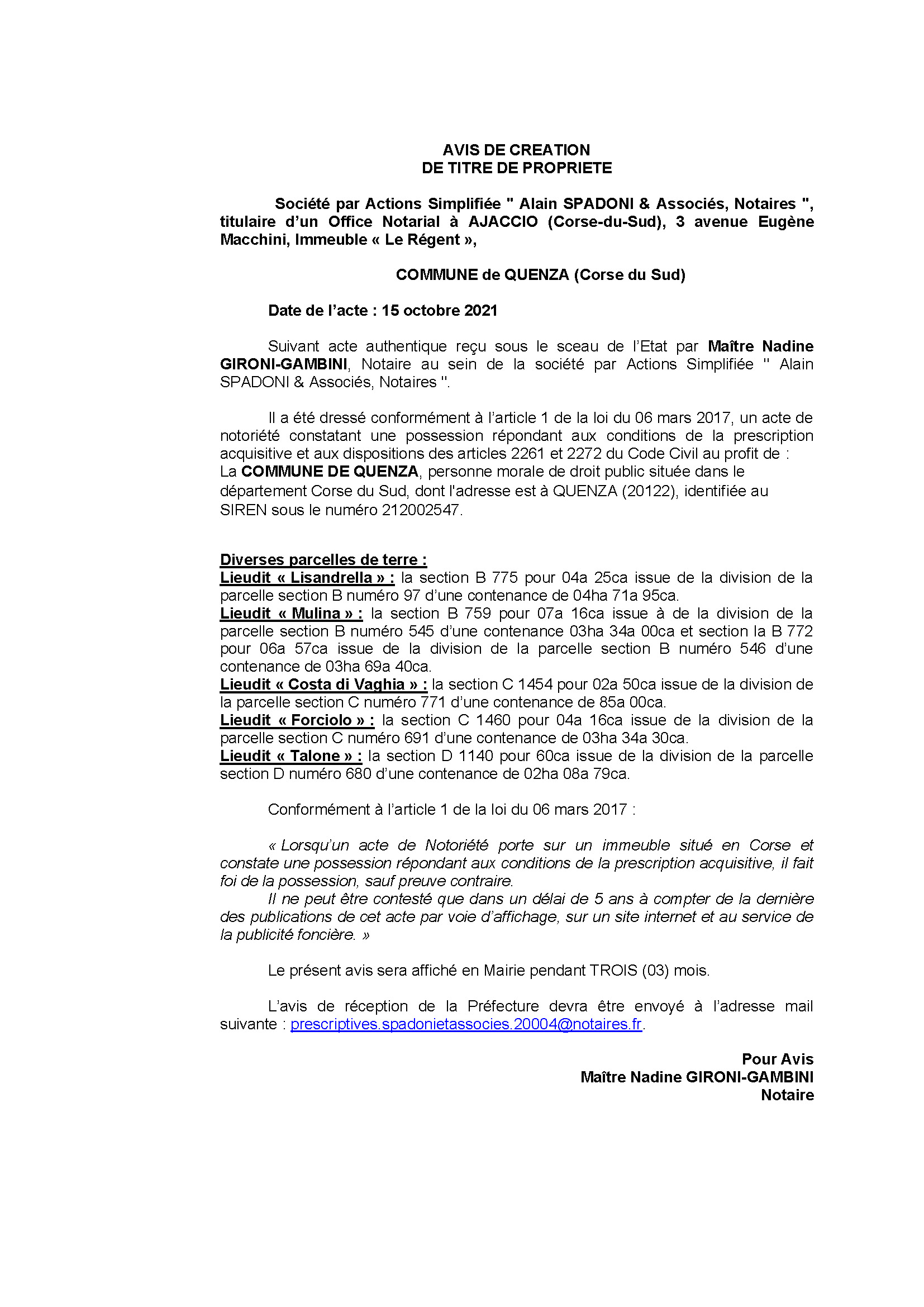 Avis de création de titre de propriété - Commune de Quenza (Corse-du-Sud)