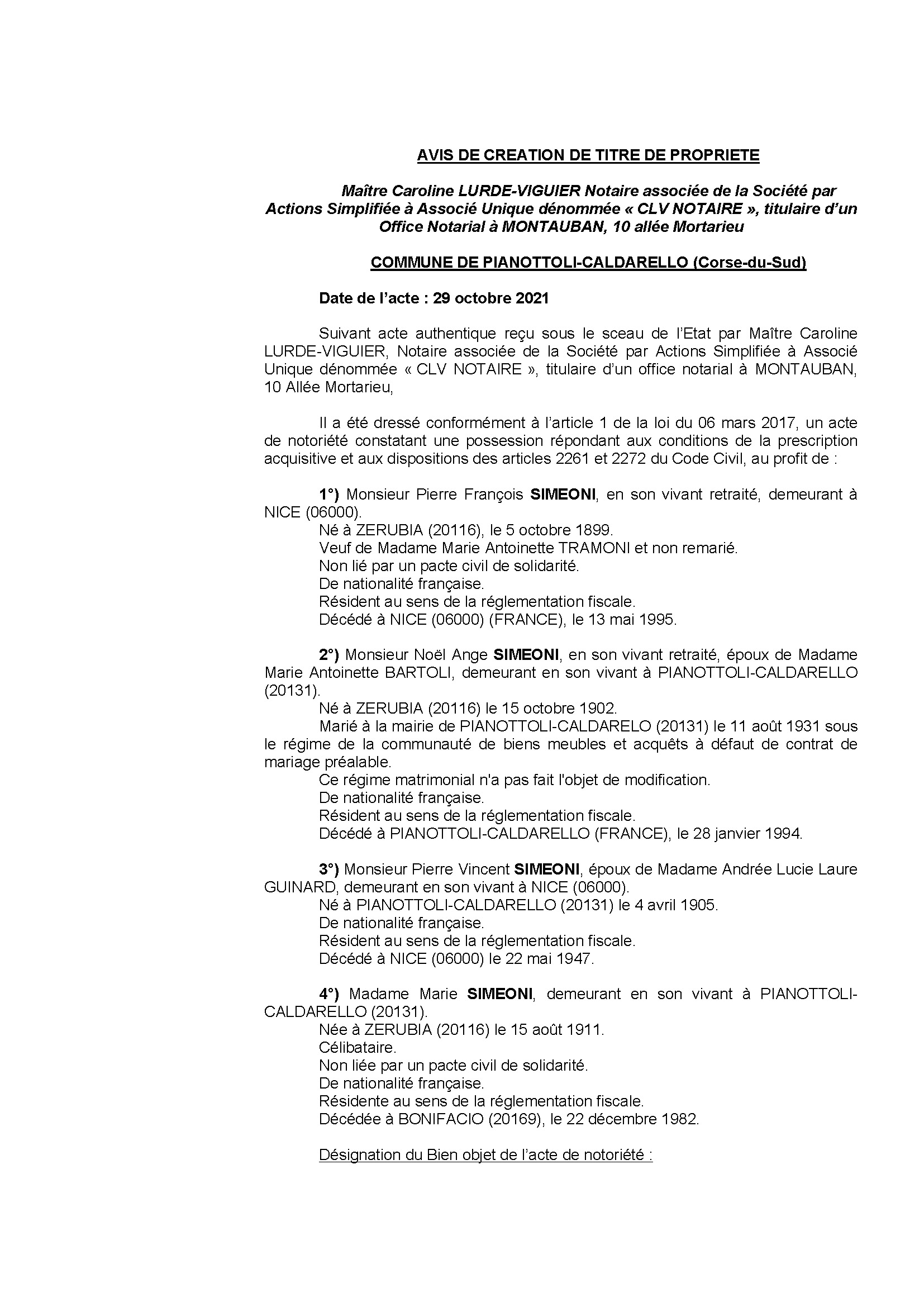Avis de création de titre de propriété - Commune de Pianottoli-Caldarello (Corse-du-Sud)