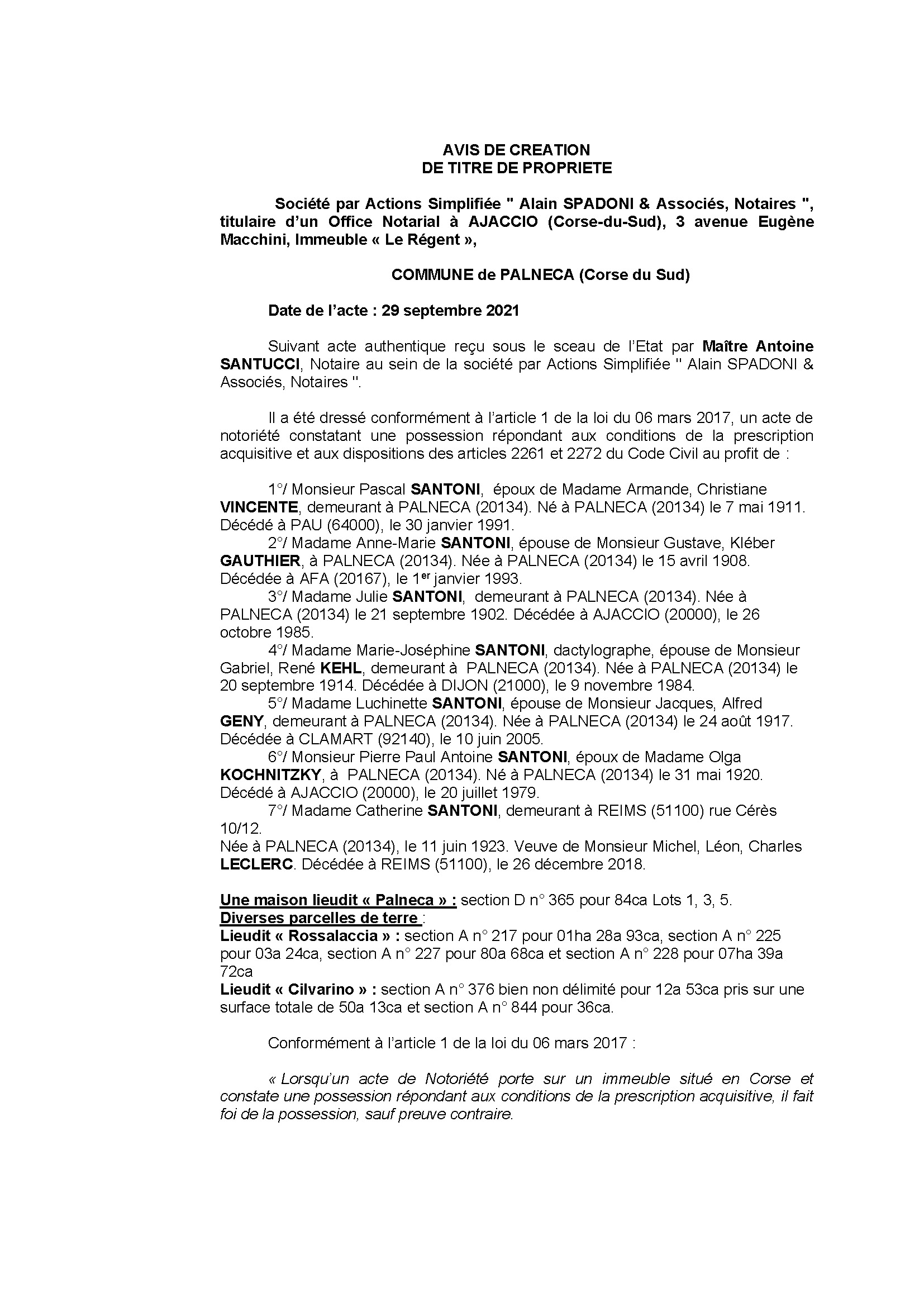 Avis de création de titre de propriété - Commune de Palneca (Corse-du-Sud)