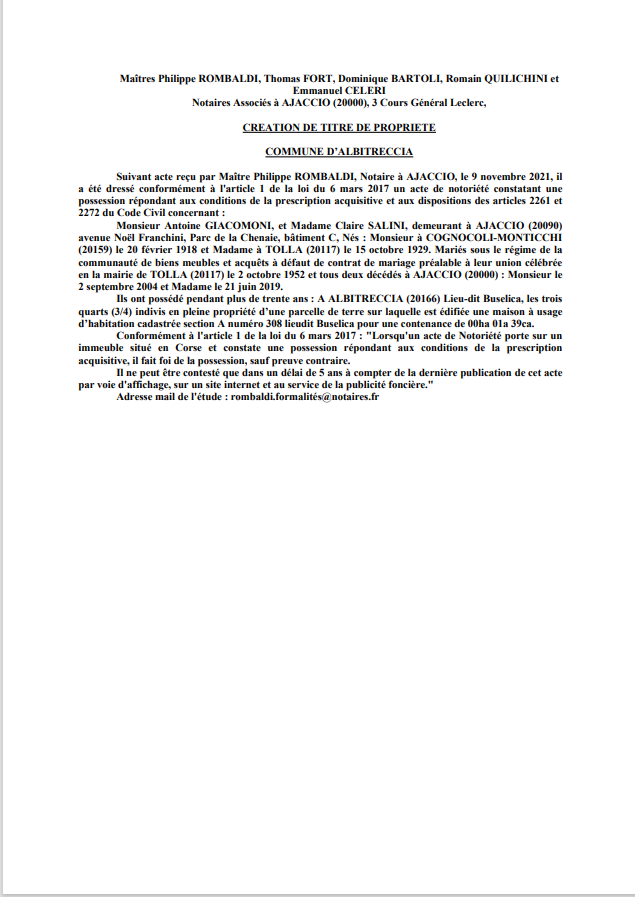 Avis de création de titre de propriété - Commune d'Albitreccia (Corse-du-Sud)
