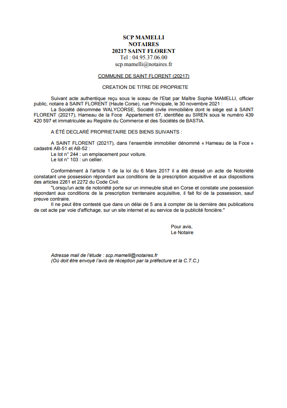  Avis de création de titre de propriété - Commune de Saint-Florent (Haute-Corse)