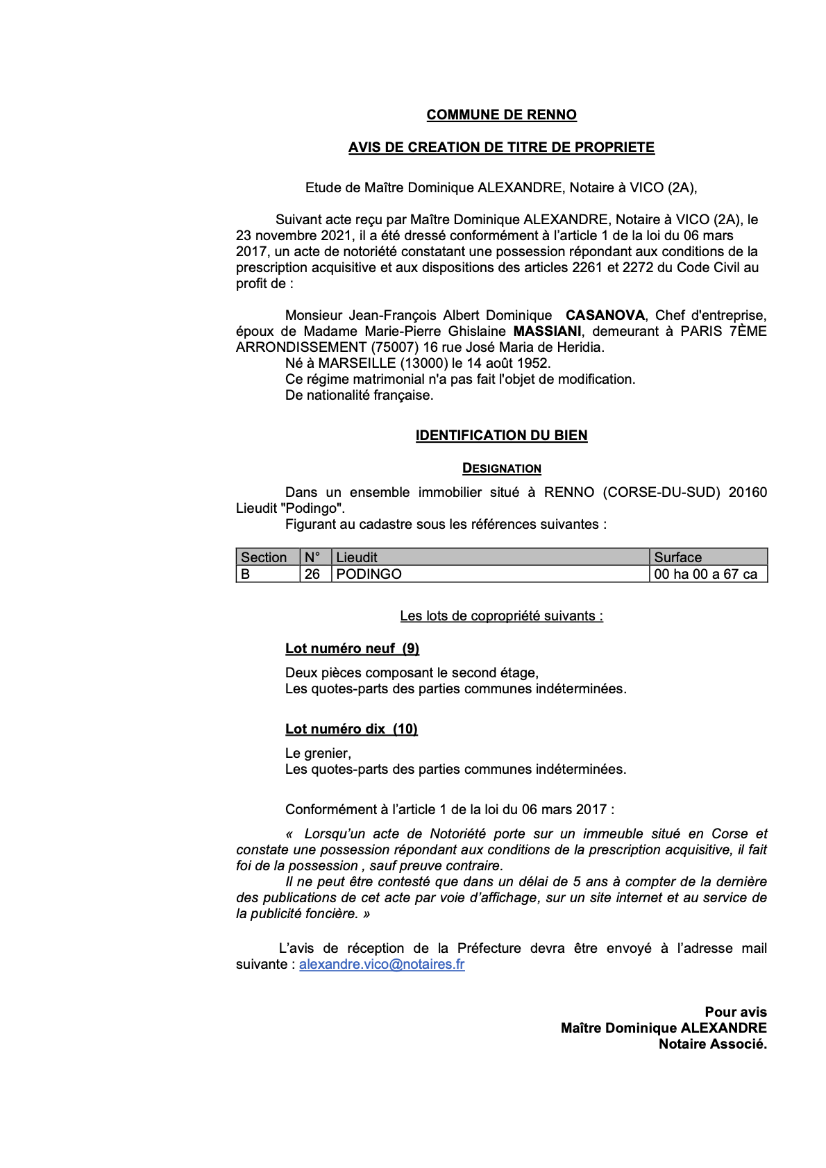  Avis de création de titre de propriété -Commune de Renno (Corse-du-Sud)