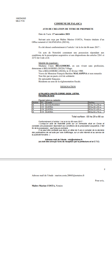 Avis de création de titre de propriété -Commune de Palasca (Haute-Corse)  Avis de création de titre de propriété -Commune de Palasca (Haute-Corse)