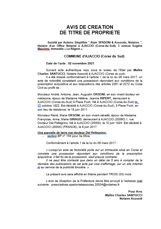 Avis de création de titre de propriété -Commune d'Ajaccio (Corse-du-Sud)