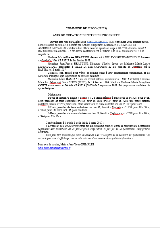 Avis de création de titre de propriété - Commune de Sisco (Haute-Corse)
