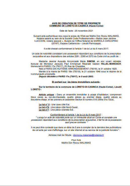 Avis de création de titre de propriété - Commune de Loreto-di-Casinca (Haute-Corse)  Avis de création de titre de propriété - Commune de Loreto-di-Casinca (Haute-Corse)