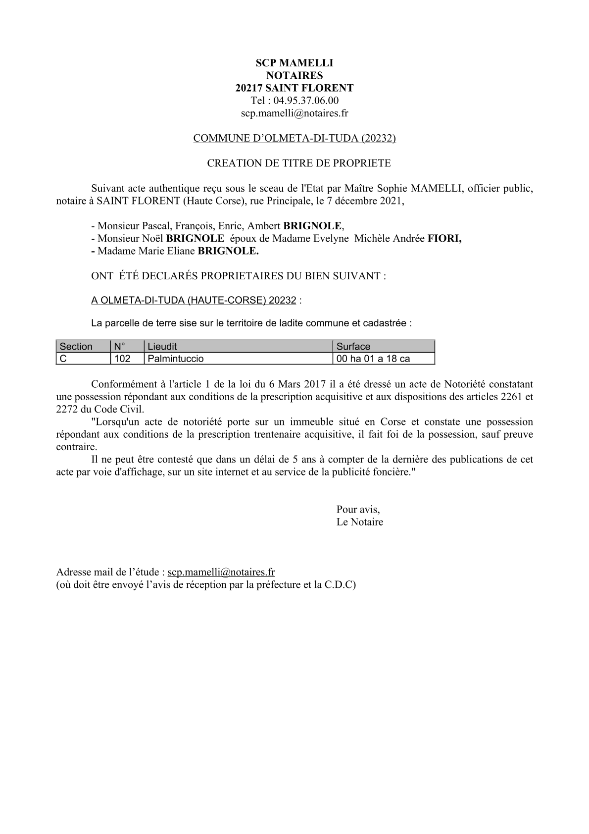Avis de création de titre de propriété - Commune d'Olmeta di Tuda (Haute-Corse)
