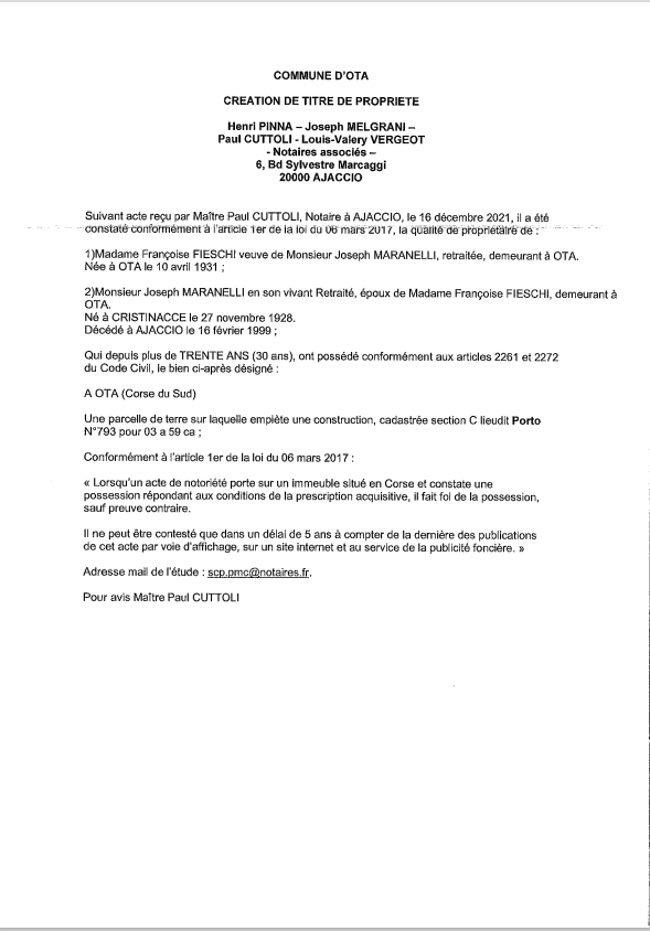  Avis de création de titre de propriété - Commune d'Ota (Corse-du-Sud)