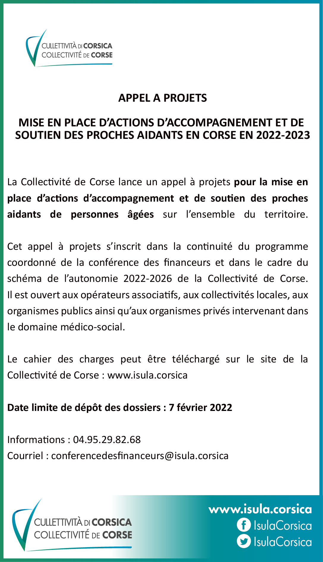 Appel à projets Mise en place d'actions d'accompagnement et de soutien des proches aidants sur le territoire de la Corse en 2022-2023