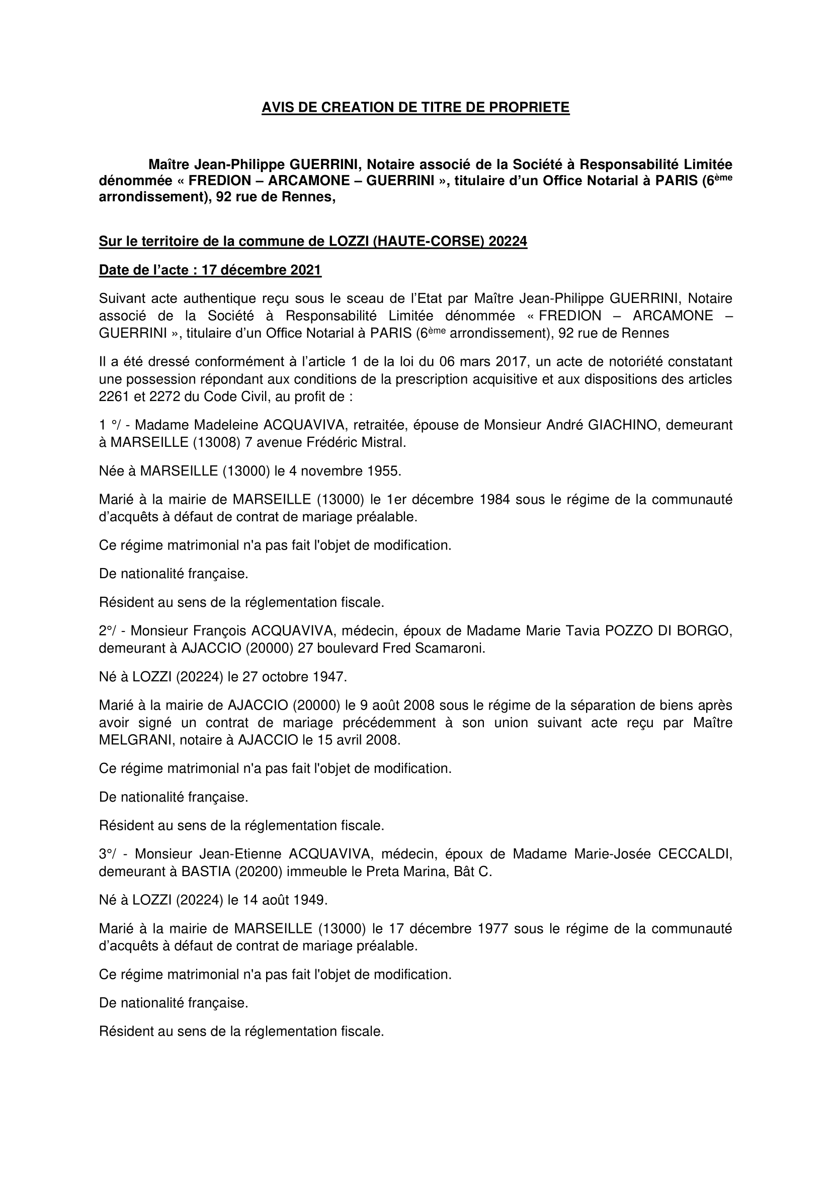  Avis de création de titre de propriété - Commune de Lozzi (Haute-Corse)