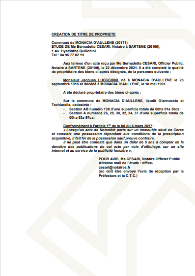Avis de création de titre de propriété - Commune de Monaccia d'Aullene (Corse-du-Sud)