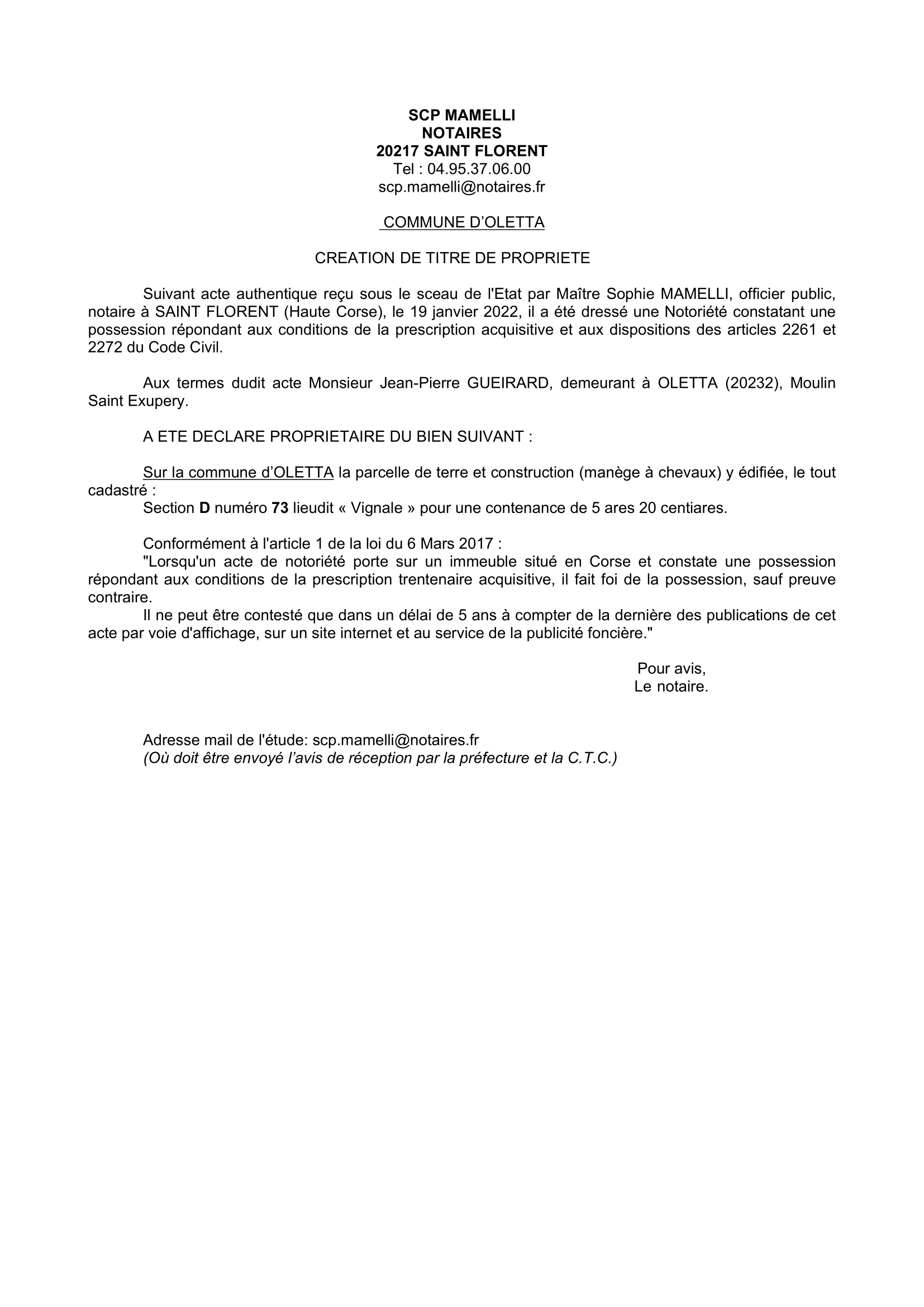 Avis de création de titre de propriété - Commune d'Oletta (Haute-Corse)