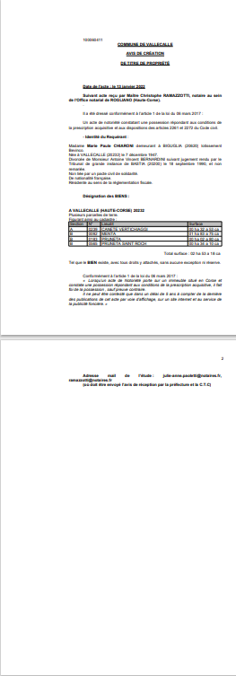 Avis de création de titre de propriété - Commune de Vallecalle (Haute-Corse)