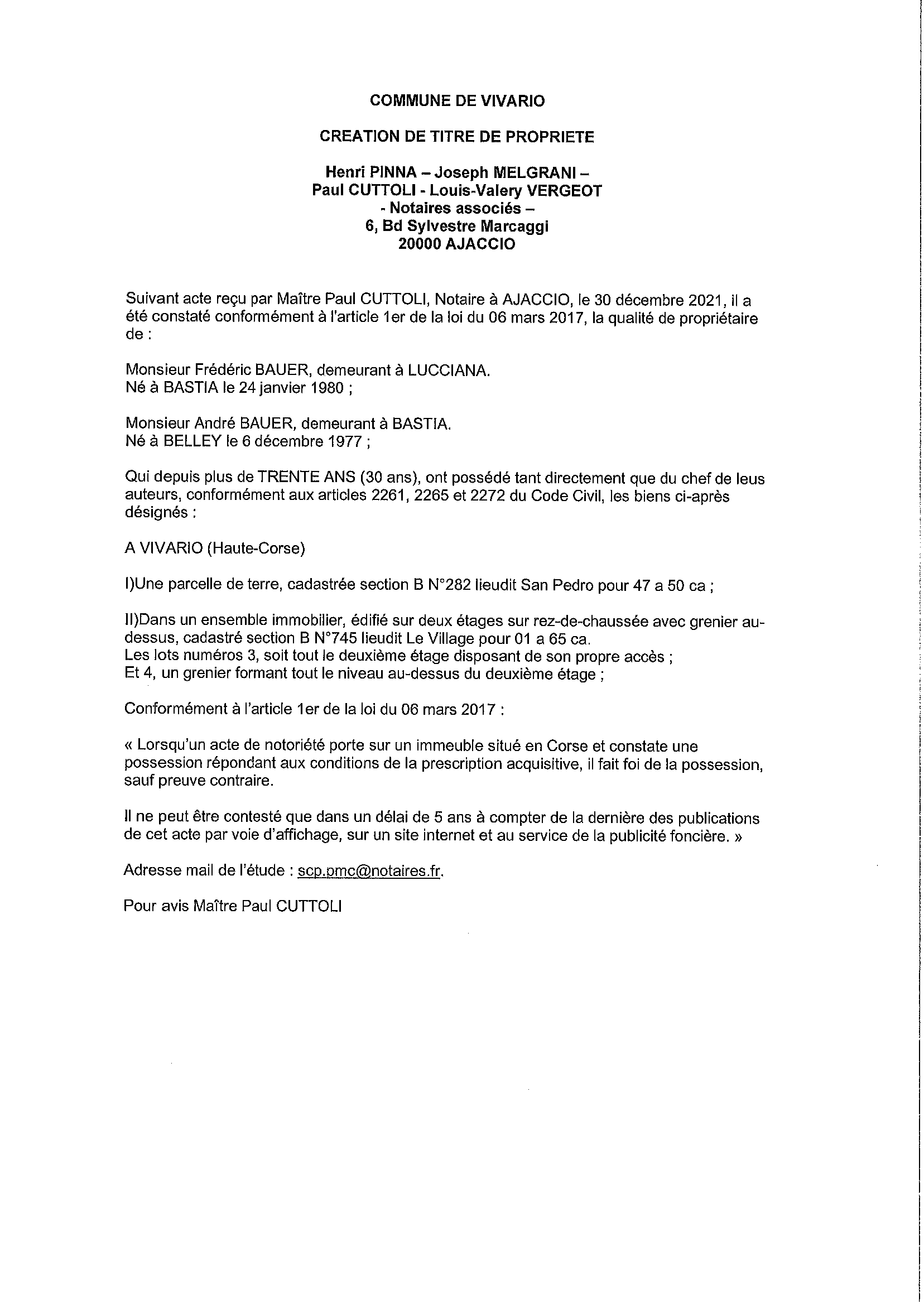 Avis de création de titre de propriété -Commune de Vivario (Corse-du-Sud))