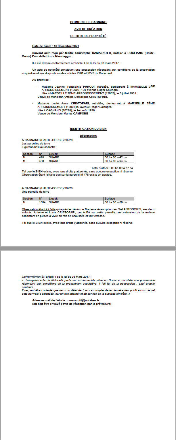 Avis de création de titre de propriété - Commune de Cagnano (Haute-Corse)