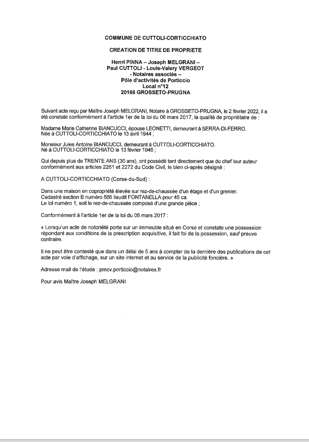  Avis de création de titre de propriété -Commune de Cuttoli-Corticchiato (Corse-du-Sud) 