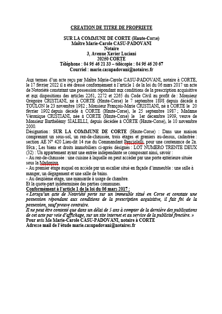  Avis de création de titre de propriété - Commune de Corti (Haute-Corse)