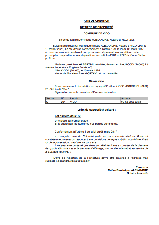  Avis de création de titre de propriété - Commune de Vico (Corse-du-Sud)
