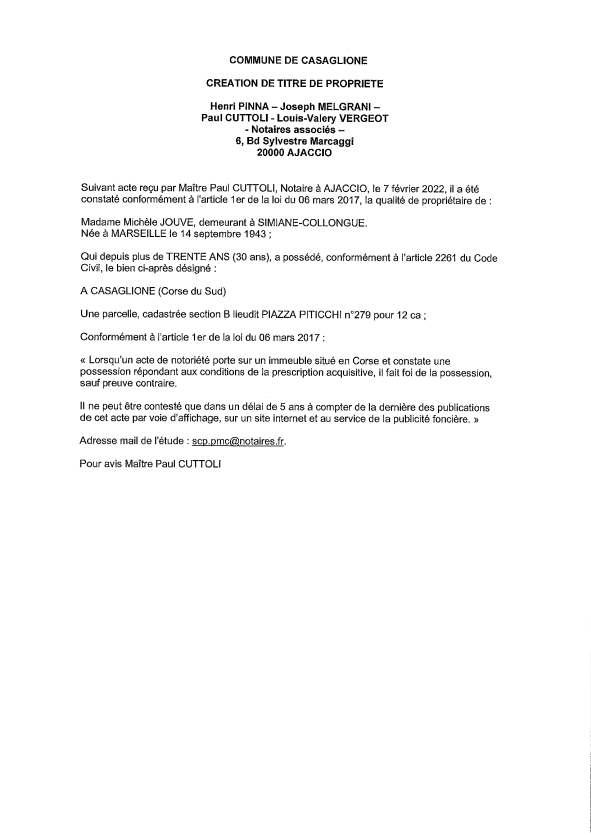 Avis de création de titre de propriété - Commune de Casaglione (Corse-du-Sud)