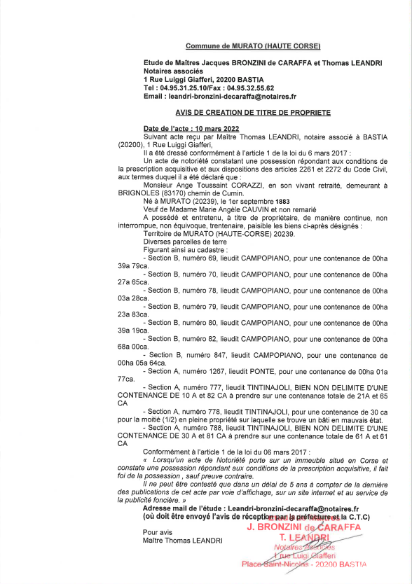  Avis de création de titre de propriété - Commune de Murato (Haute-Corse)