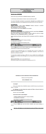 Avis de création de titre de propriété -Commune de Rezza (Corse-du-Sud) 